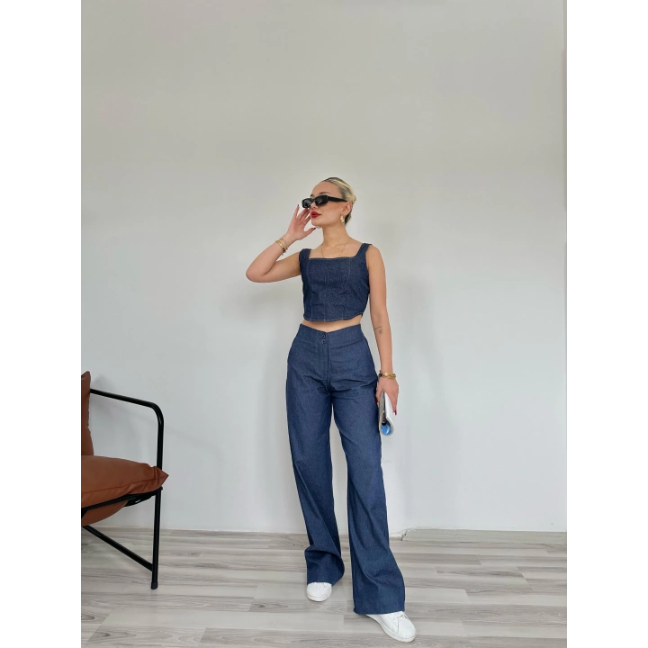 Kadın Denim Kare Yaka Bluz Mavi