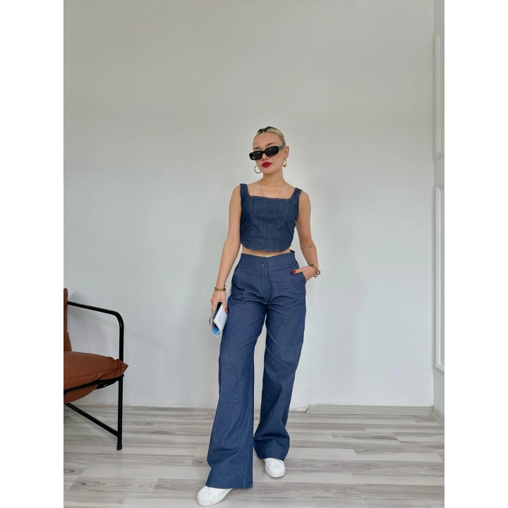 Kadın Denim Kare Yaka Bluz Mavi