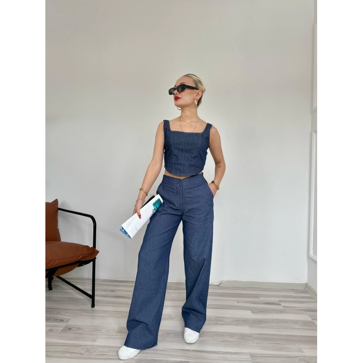 Kadın Denim Kare Yaka Bluz Mavi