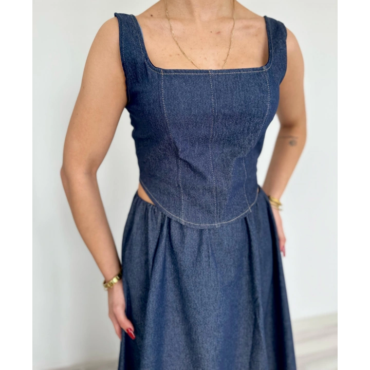 Kadın Denim Kare Yaka Bluz Mavi