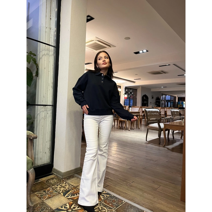 Kadın Denim Yaka Tasarım Sweat Mavi