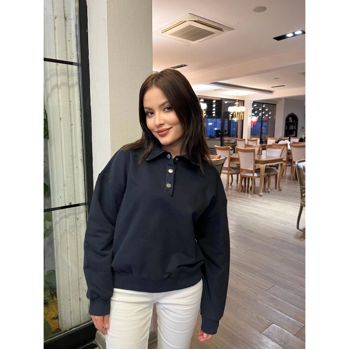 Kadın Denim Yaka Tasarım Sweat Mavi