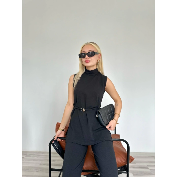 Kadın Dik Yaka Bağcıklı Pantolon Takım Siyah