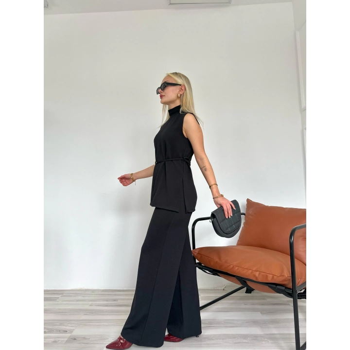 Kadın Dik Yaka Bağcıklı Pantolon Takım Siyah