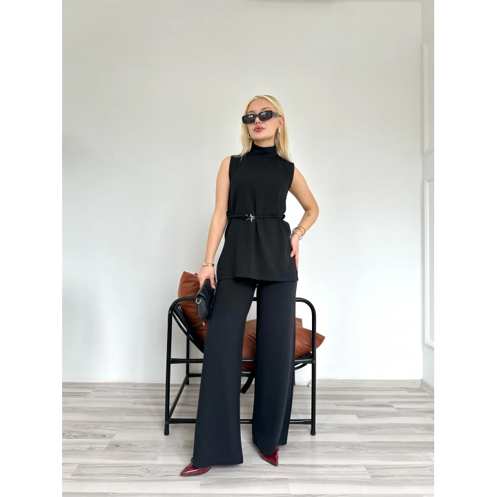 Kadın Dik Yaka Bağcıklı Pantolon Takım Siyah