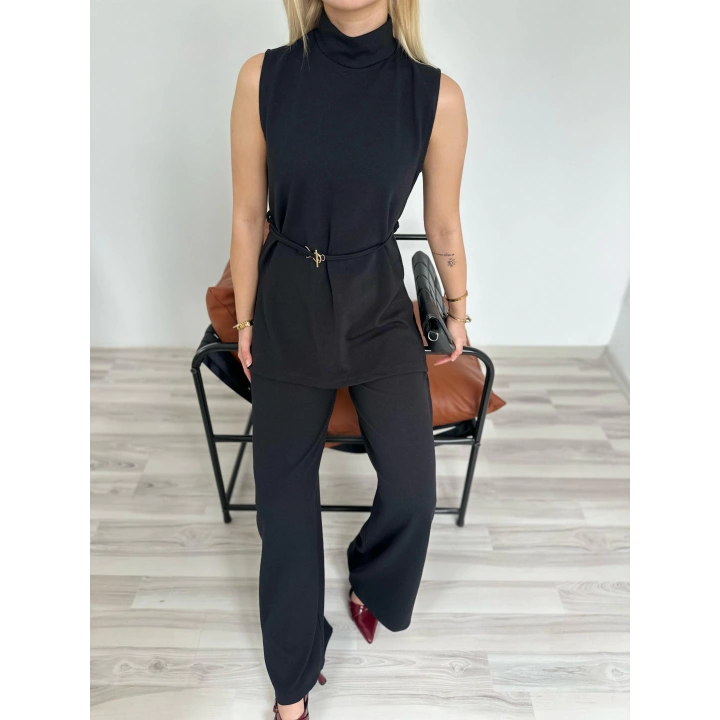 Kadın Dik Yaka Bağcıklı Pantolon Takım Siyah