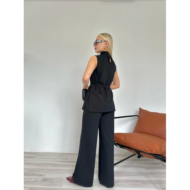 Kadın Dik Yaka Bağcıklı Pantolon Takım Siyah