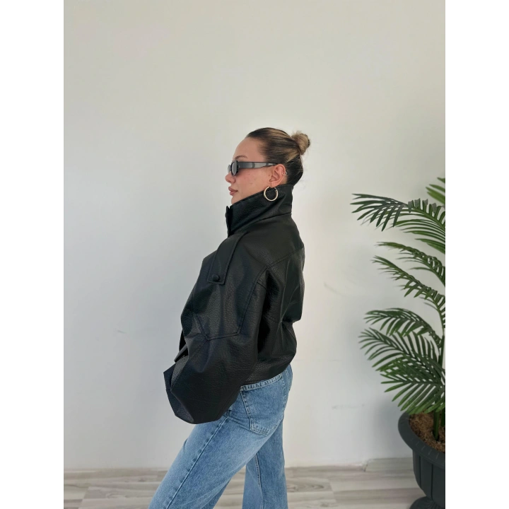 Kadın Dik Yakalı Bomber Deri Ceket Siyah