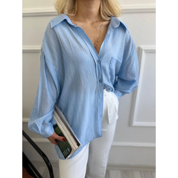 Kadın Düşük Omuz Detaylı Gömlek Bebe Mavi