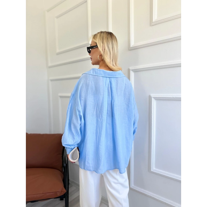 Kadın Düşük Omuz Detaylı Gömlek Bebe Mavi