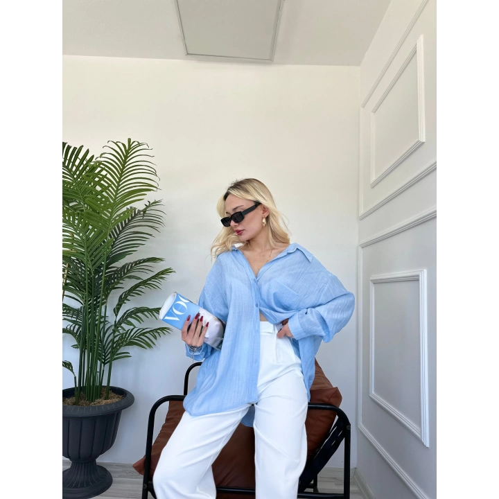 Kadın Düşük Omuz Detaylı Gömlek Bebe Mavi