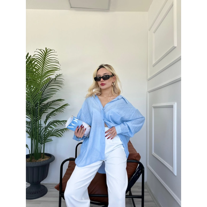 Kadın Düşük Omuz Detaylı Gömlek Bebe Mavi