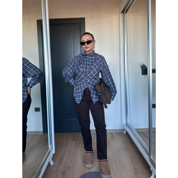 Kadın Ekose Gömlek Lacivert Bordo