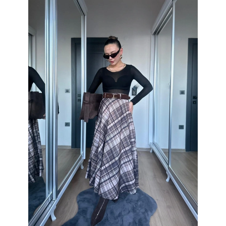 Kadın Ekoseli Kemerli Etek Kahve Bej