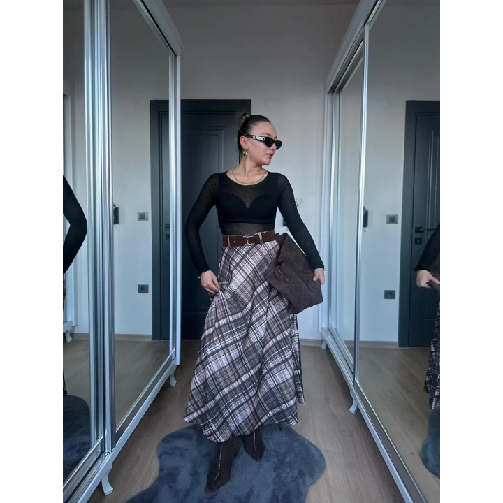 Kadın Ekoseli Kemerli Etek Kahve Bej