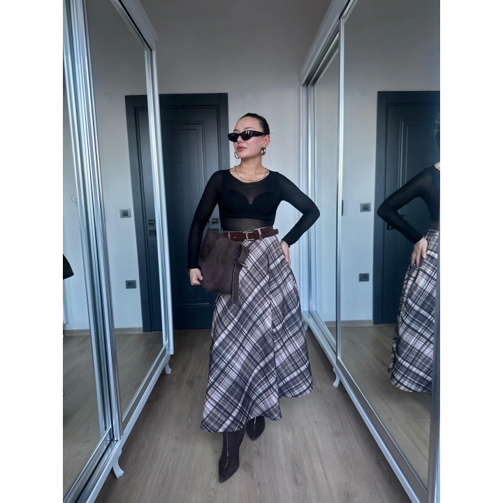 Kadın Ekoseli Kemerli Etek Kahve Bej