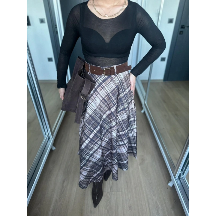 Kadın Ekoseli Kemerli Etek Kahve Bej