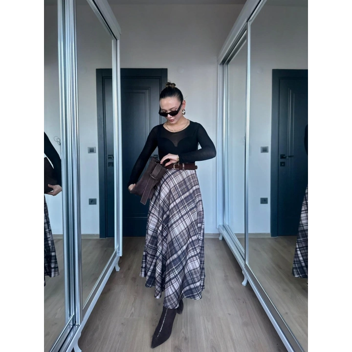 Kadın Ekoseli Kemerli Etek Kahve Bej