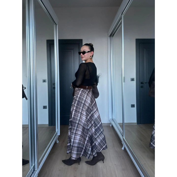 Kadın Ekoseli Kemerli Etek Kahve Bej