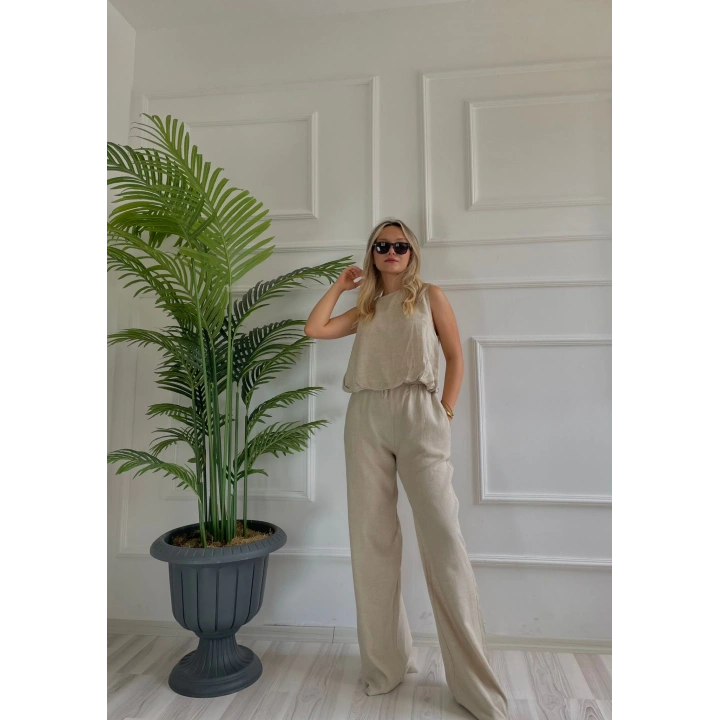 Kadın Eteği Balon Dar Kemerli Keten İkili Takım Bej