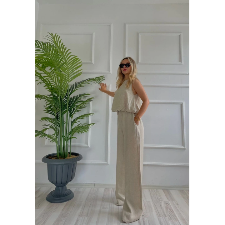 Kadın Eteği Balon Dar Kemerli Keten İkili Takım Bej