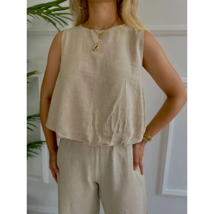 Kadın Eteği Balon Dar Kemerli Keten İkili Takım Bej