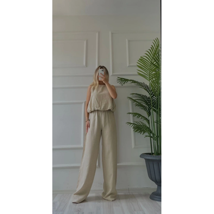 Kadın Eteği Balon Dar Kemerli Keten İkili Takım Bej