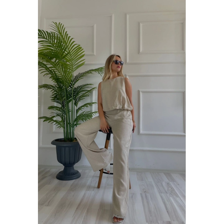 Kadın Eteği Balon Dar Kemerli Keten İkili Takım Bej