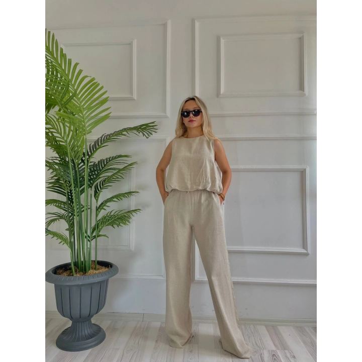 Kadın Eteği Balon Dar Kemerli Keten İkili Takım Bej