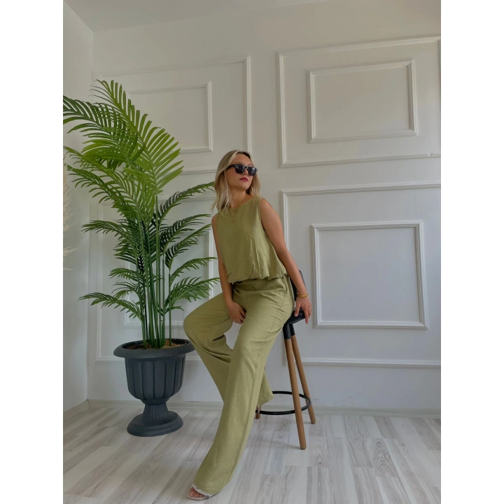 Kadın Eteği Balon Dar Kemerli Keten İkili Takım Haki