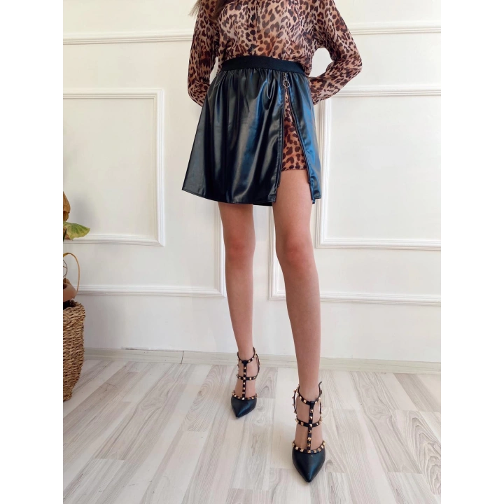 Kadın Fermuar Detaylı Leopar Mini Etek Siyah