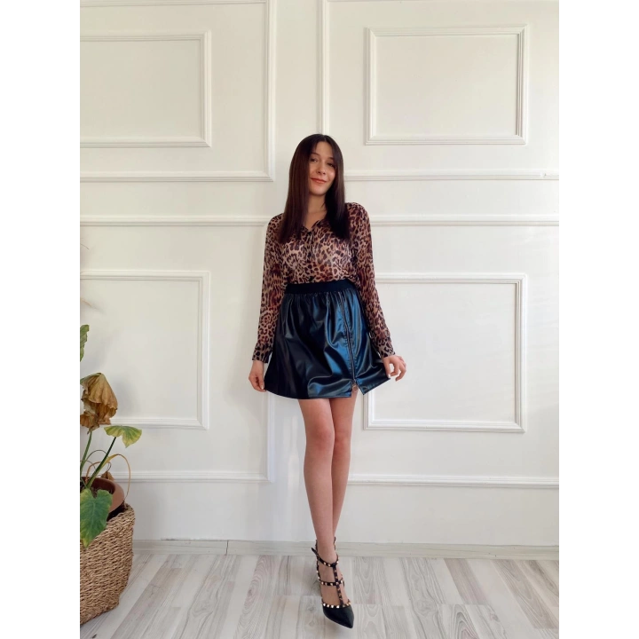 Kadın Fermuar Detaylı Leopar Mini Etek Siyah