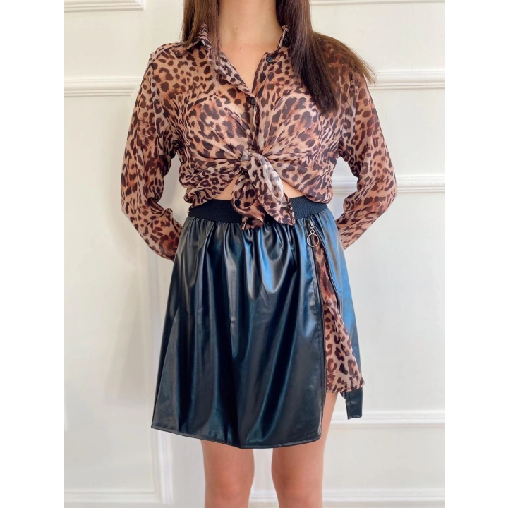 Kadın Fermuar Detaylı Leopar Mini Etek Siyah
