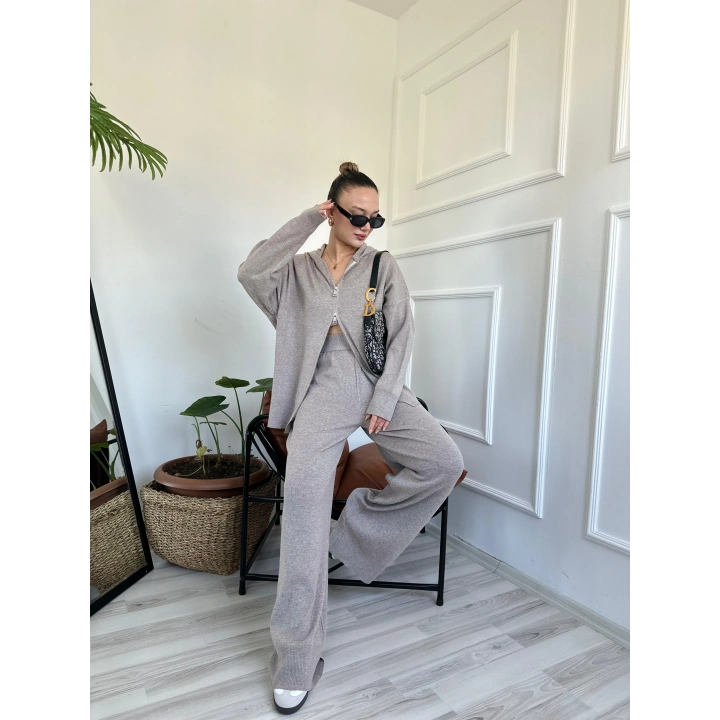 Kadın Fermuarlı Pantolon Triko Takım Bej