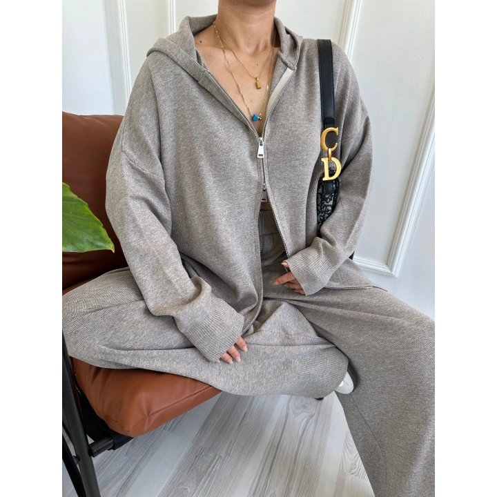 Kadın Fermuarlı Pantolon Triko Takım Bej