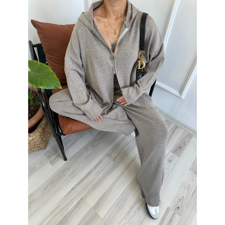 Kadın Fermuarlı Pantolon Triko Takım Bej