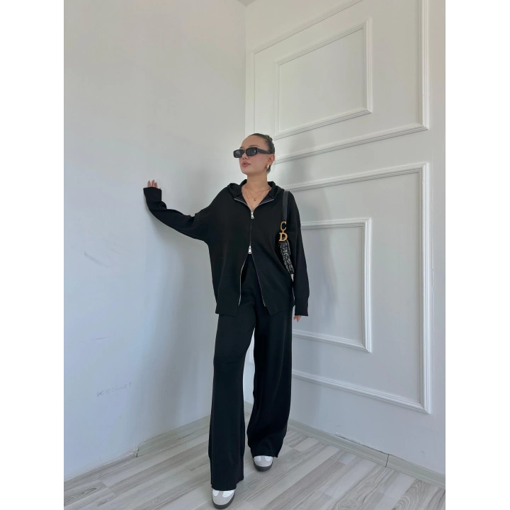 Kadın Fermuarlı Pantolon Triko Takım Siyah