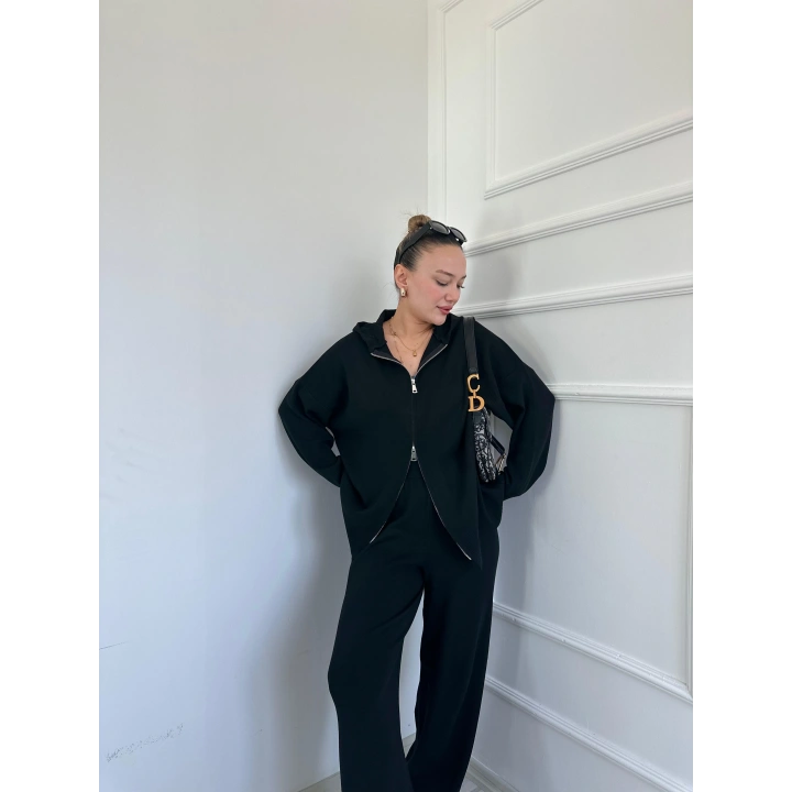 Kadın Fermuarlı Pantolon Triko Takım Siyah