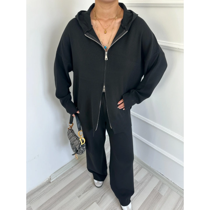 Kadın Fermuarlı Pantolon Triko Takım Siyah