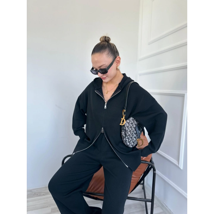 Kadın Fermuarlı Pantolon Triko Takım Siyah