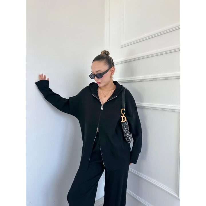 Kadın Fermuarlı Pantolon Triko Takım Siyah