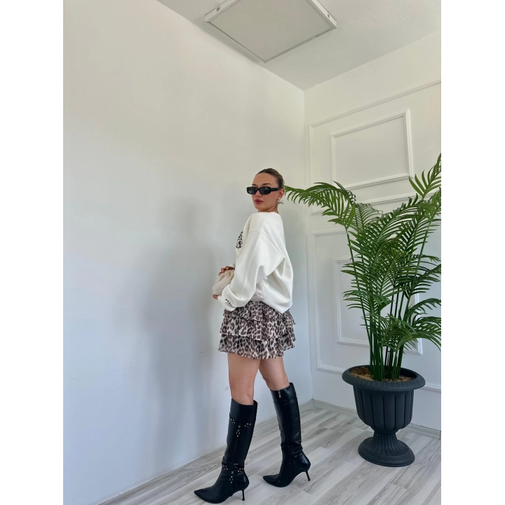 Kadın Fırfırlı Leopar Mini Etek Bej