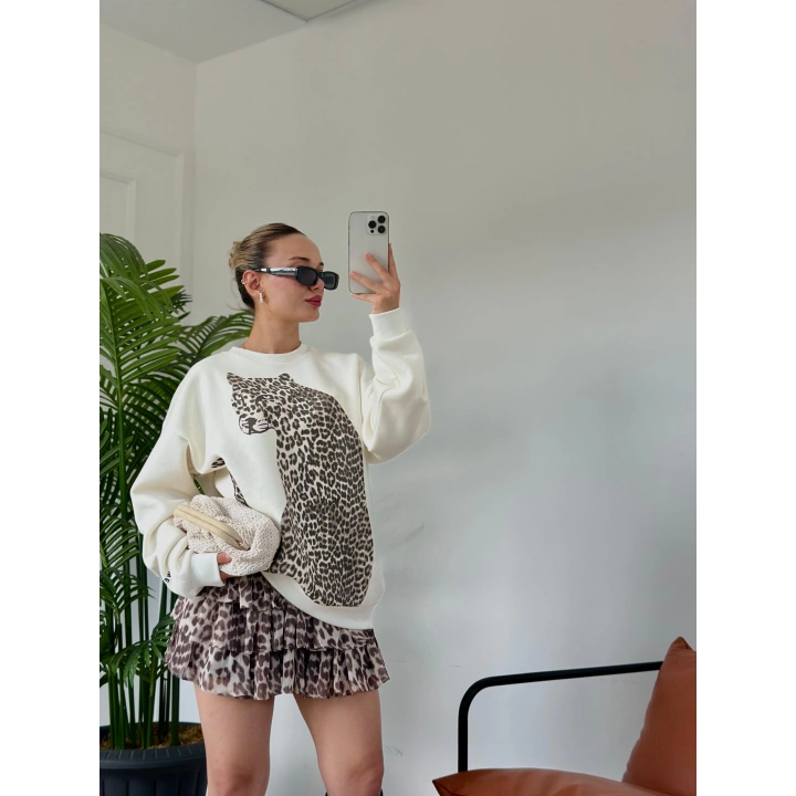 Kadın Fırfırlı Leopar Mini Etek Bej