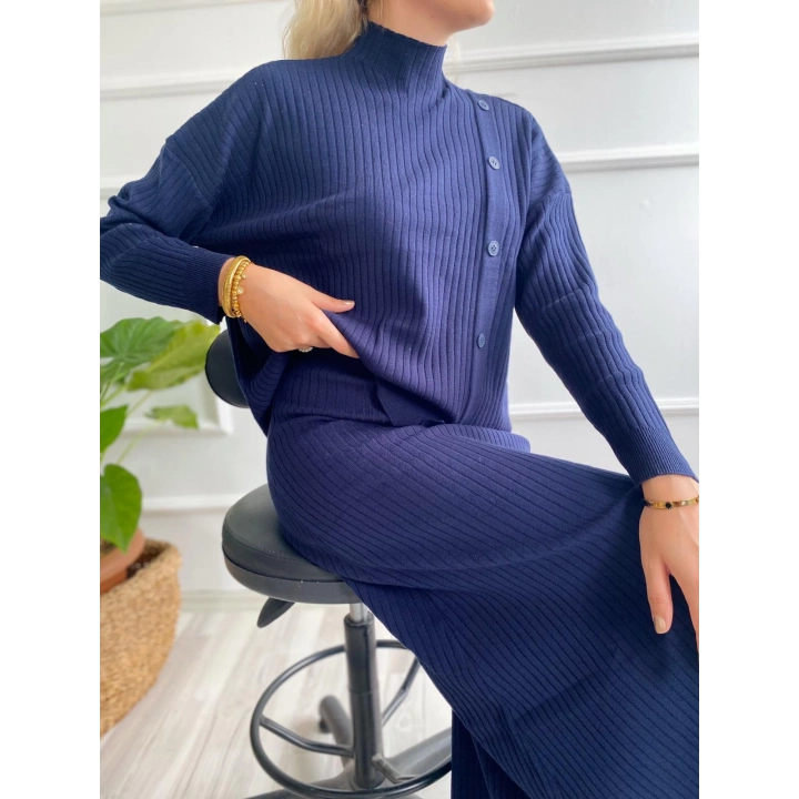 Kadın Fitilli Düğme Detaylı Triko Takım Lacivert