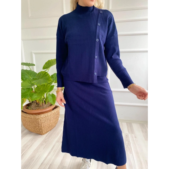 Kadın Fitilli Düğme Detaylı Triko Takım Lacivert
