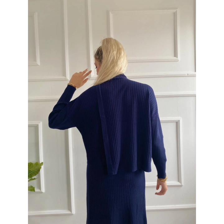 Kadın Fitilli Düğme Detaylı Triko Takım Lacivert