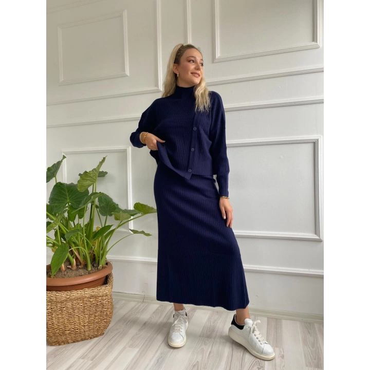 Kadın Fitilli Düğme Detaylı Triko Takım Lacivert