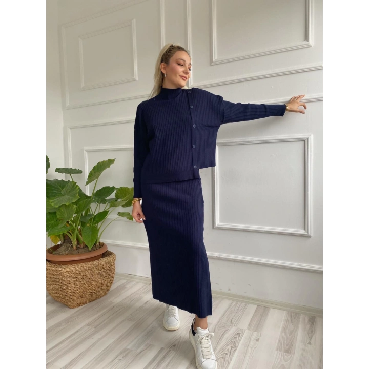 Kadın Fitilli Düğme Detaylı Triko Takım Lacivert