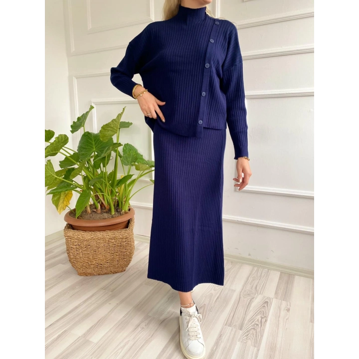 Kadın Fitilli Düğme Detaylı Triko Takım Lacivert