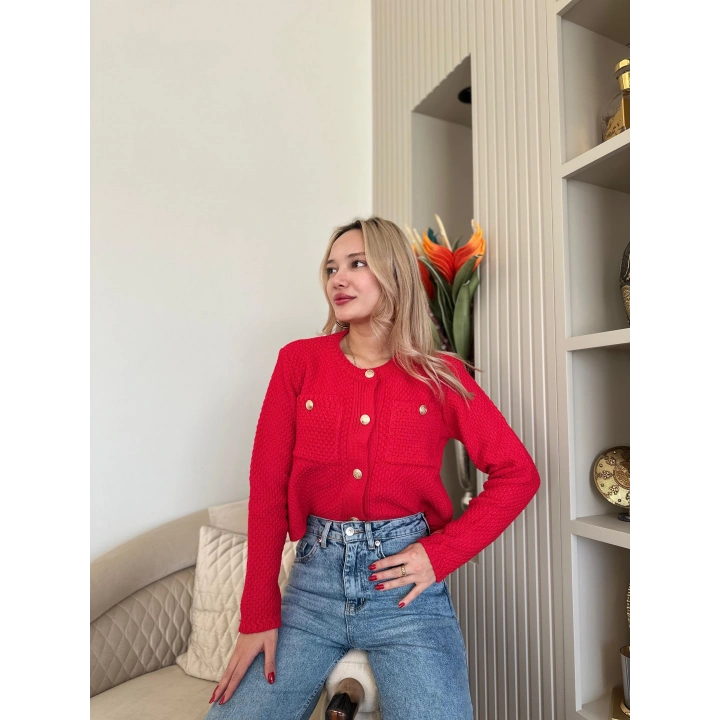 Kadın Gold Düğme Detaylı Cepli Hırka Kırmızı